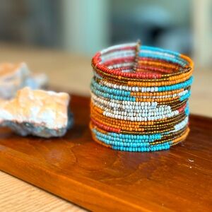 Beaded Multicolor Bracelet Cuff Bohemian Aztec Vibe Pink Orange Blue Cream